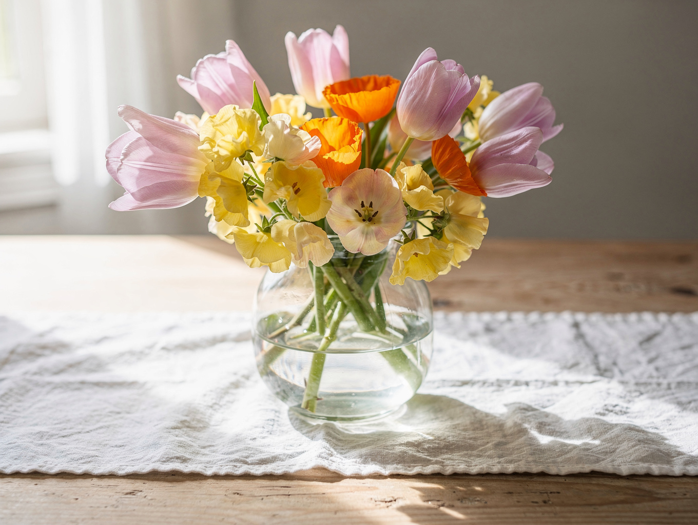 Arreglo floral artesanal de girasoles y rosas amarillas en mesa de madera iluminada
